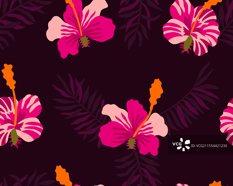 夏威夷无缝纹理，带有木槿花和棕榈树图片素材