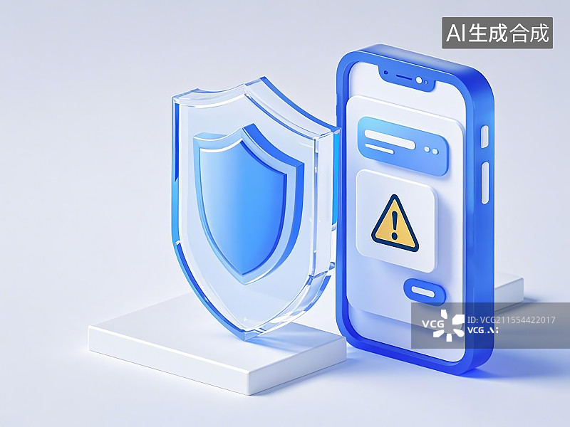 【AI数字艺术】安全护盾和带有警告标识的手机图片素材