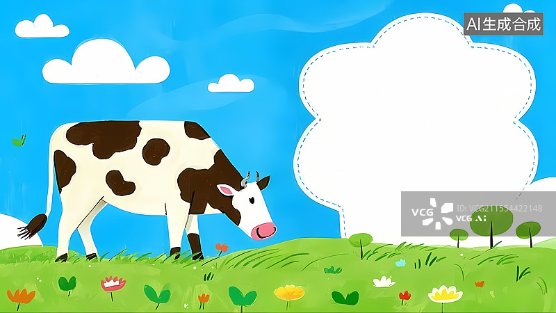 【AI数字艺术】奶牛在草地上2D卡通居左图片素材