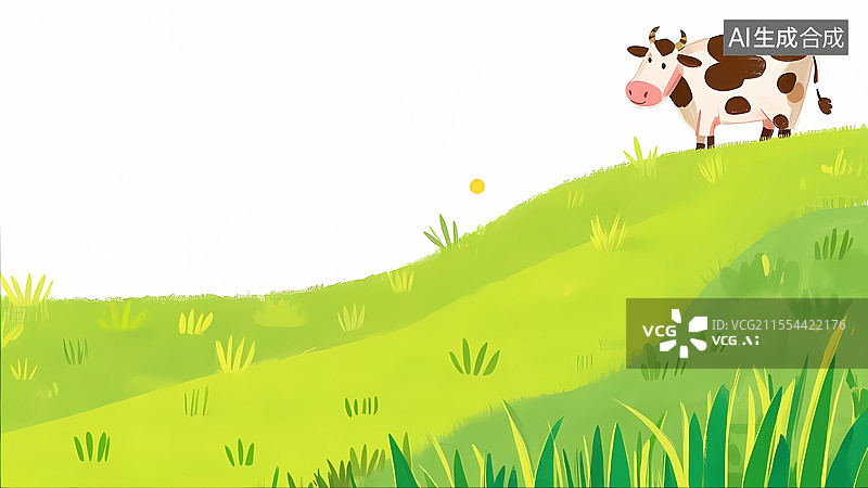 【AI数字艺术】奶牛在草地上2D卡通右上图片素材