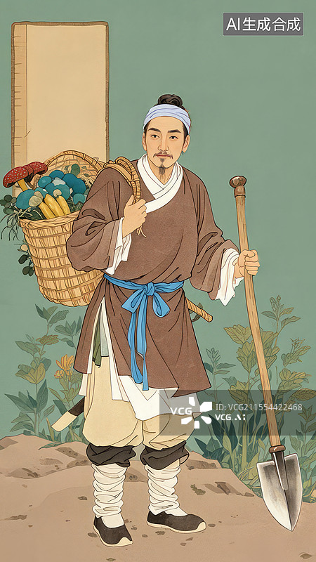 【AI数字艺术】李时珍画像 - 采药归来背篓，草药图谱背景，暖绿茶色调图片素材
