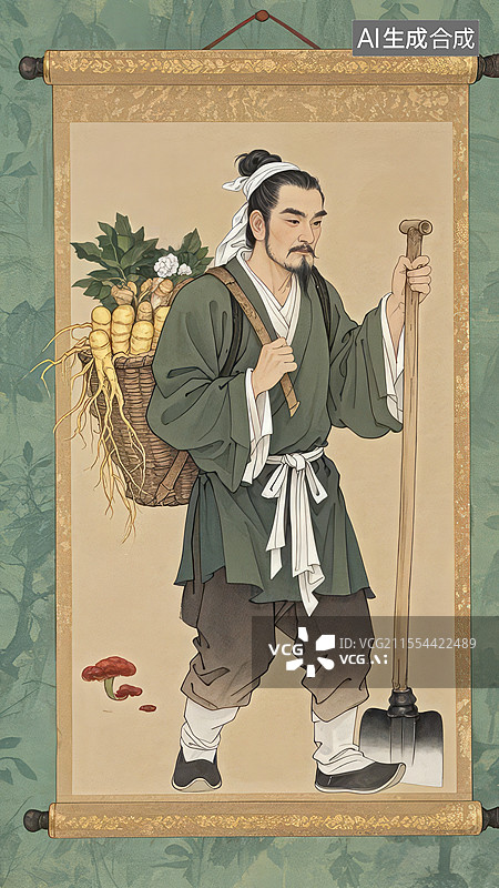 【AI数字艺术】李时珍画像 - 采药归来背篓，草药图谱背景，暖绿茶色调图片素材