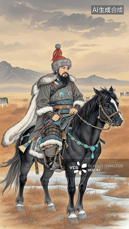 【AI数字艺术】成吉思汗画像 - 跨马弯弓射雕，草原狼影背景，土黄铁灰色调图片素材