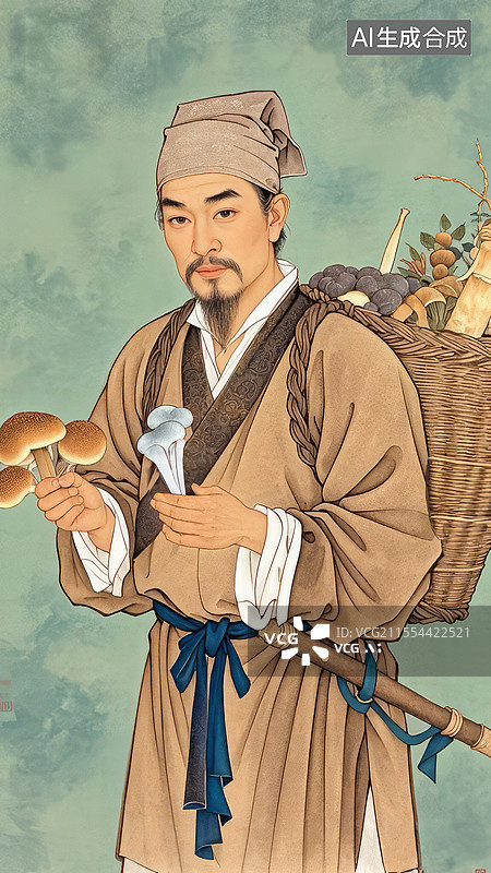 【AI数字艺术】李时珍画像 - 采药归来背篓，草药图谱背景，暖绿茶色调图片素材