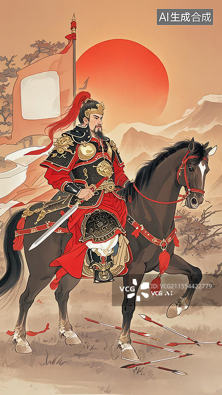 【AI数字艺术】岳飞画像 - 立马横枪英姿，战旗残阳背景，赤红暖棕色调图片素材