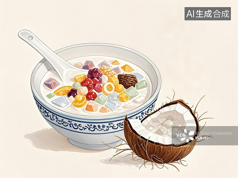 【AI数字艺术】椰奶清补凉，手绘画风格美食图片素材