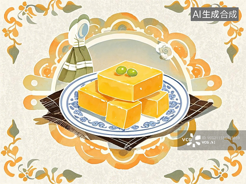 【AI数字艺术】豌豆黄，手绘画风格美食图片素材