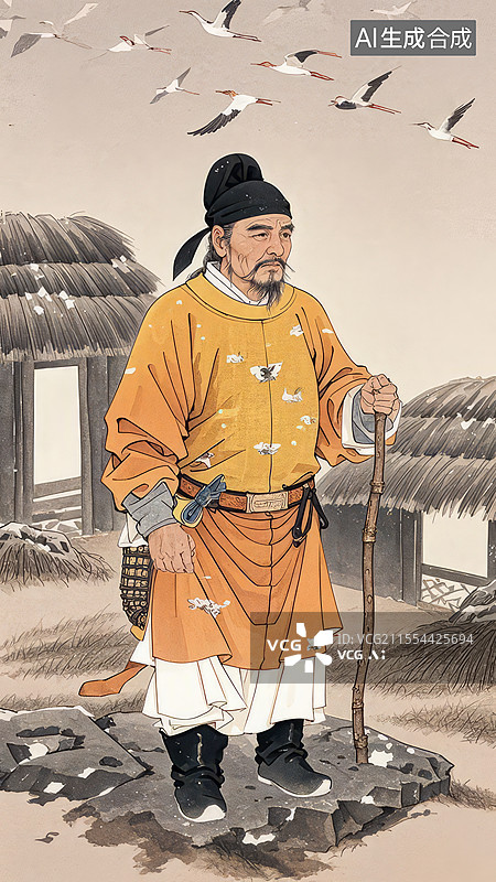 【AI数字艺术】杜甫画像 - 倚杖伛偻前行，茅屋雁阵背景，赭石苍黄色调项目标题：图片素材