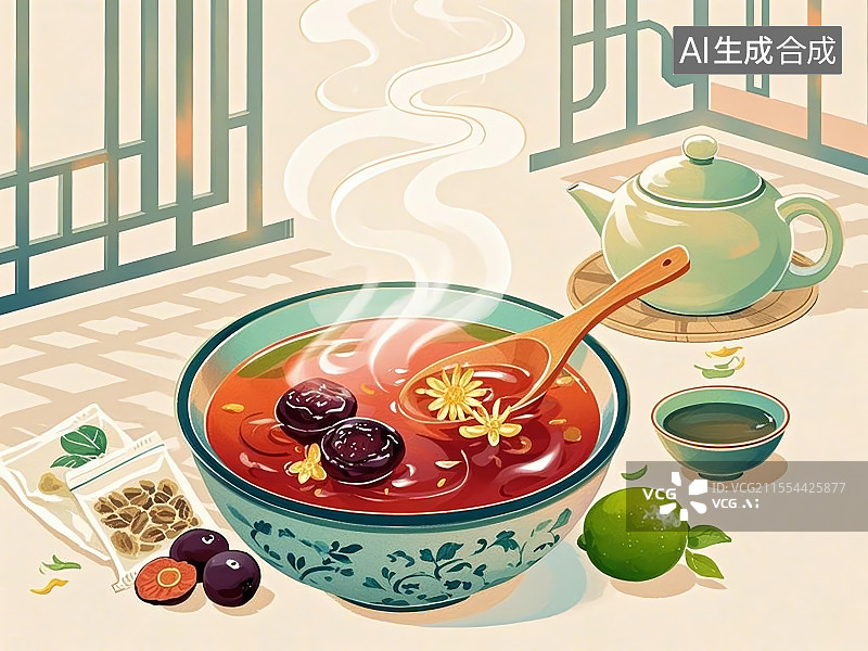 【AI数字艺术】酸梅汤，手绘画风格美食图片素材