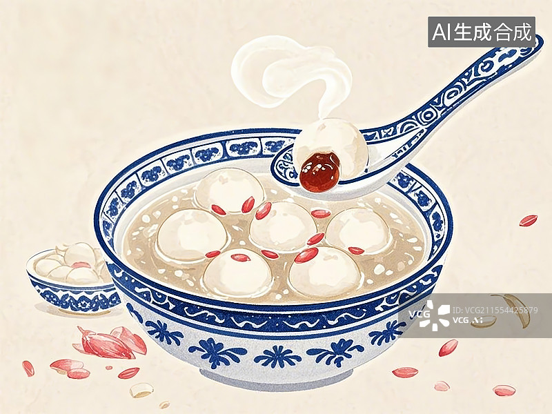 【AI数字艺术】酒酿圆子，手绘画风格美食图片素材