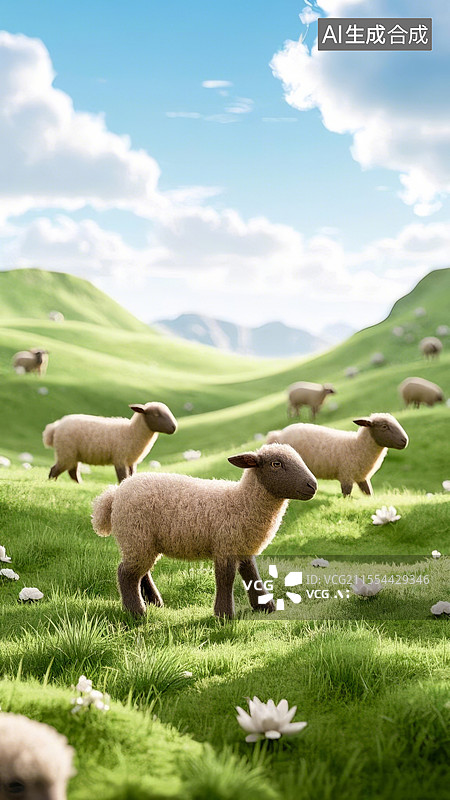 【AI数字艺术】微缩景观毛毡风格海报——草原上的绵羊图片素材