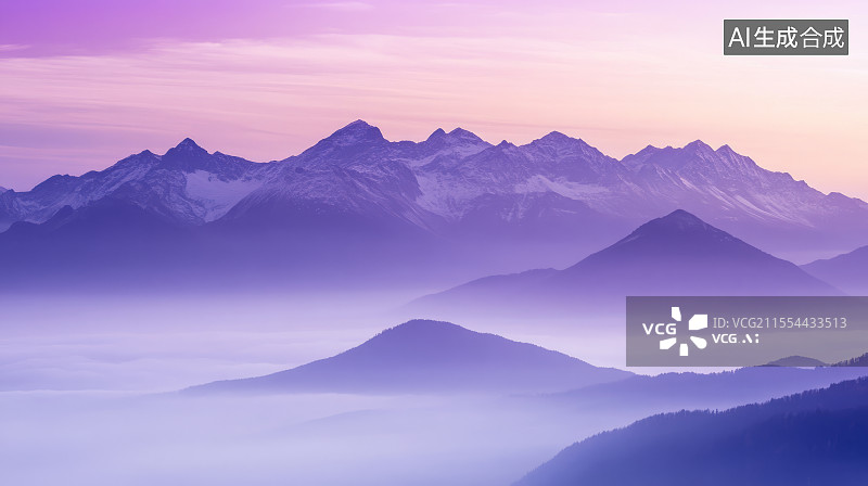 【AI数字艺术】紫色调的山间云海图片素材