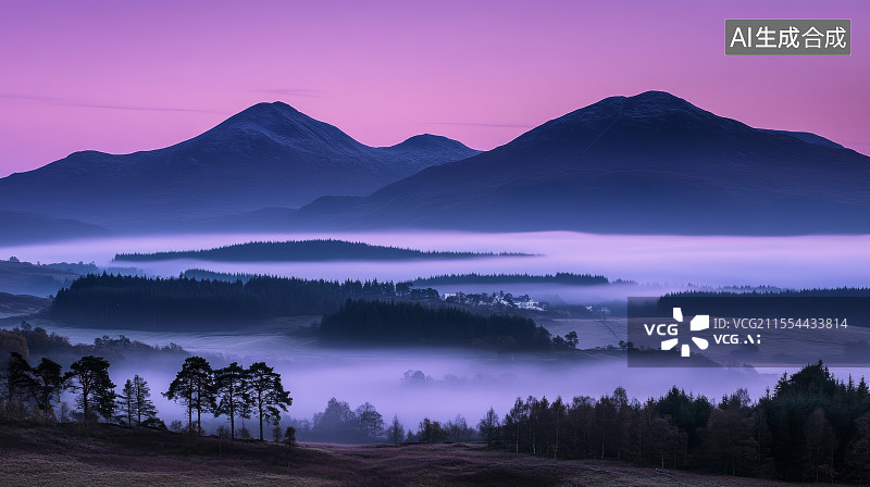 【AI数字艺术】紫色调的山间云海图片素材