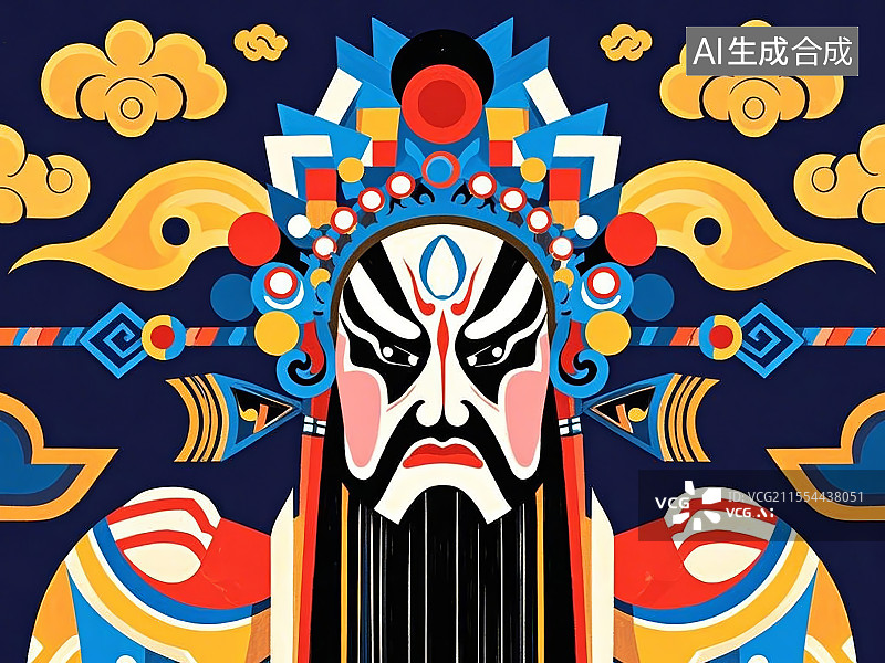 【AI数字艺术】手绘化京剧脸谱人物形象甘宁（字兴霸，东吴猛将，锦帆贼出身图片素材