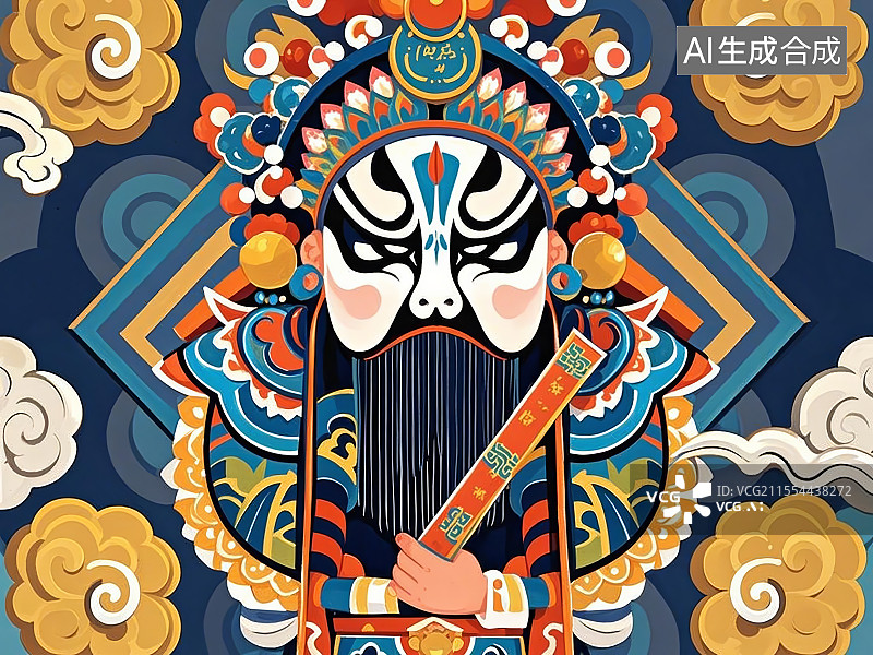 【AI数字艺术】手绘化京剧脸谱人物形象甘宁（字兴霸，东吴猛将，锦帆贼出身图片素材