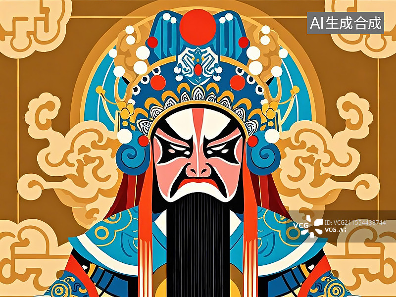 【AI数字艺术】手绘化京剧脸谱人物形象陆逊（字伯言，夷陵之战击败刘备）图片素材