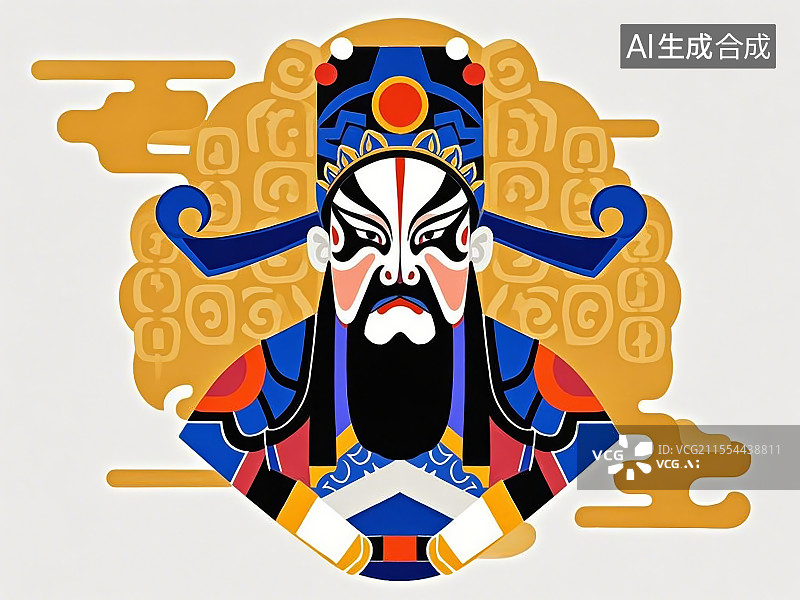 【AI数字艺术】手绘化京剧脸谱人物形象陆逊（字伯言，夷陵之战击败刘备）图片素材