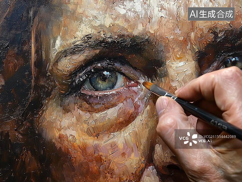 【AI数字艺术】一只手拿着画笔画油画眼睛特写图片素材