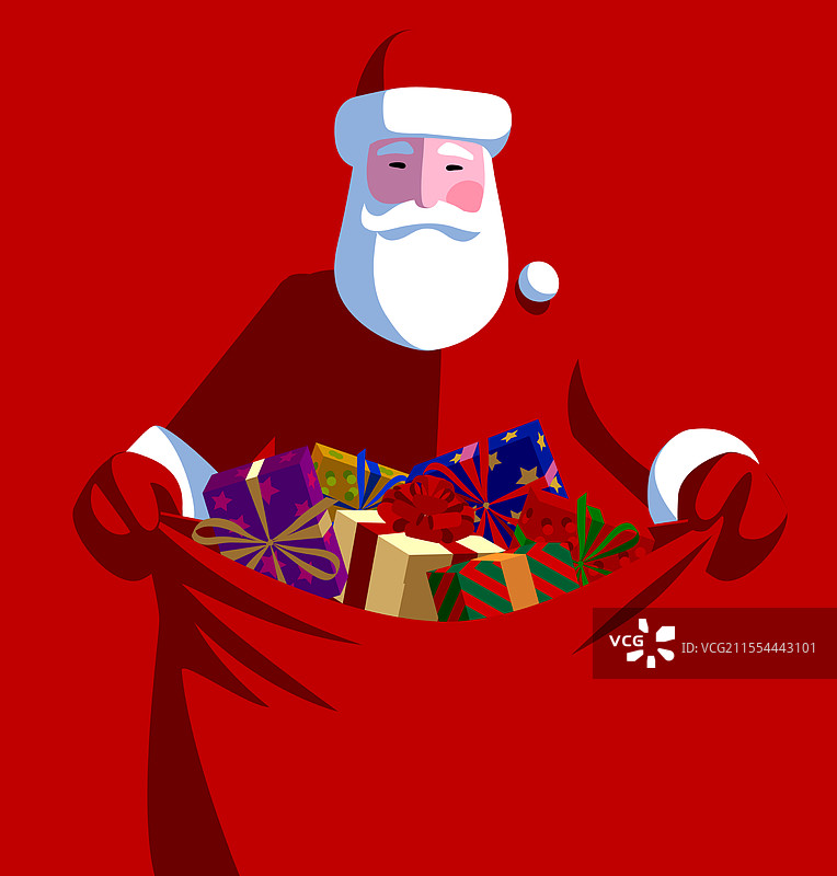 圣诞老人手里拿着装满礼物的红色开口袋图片素材