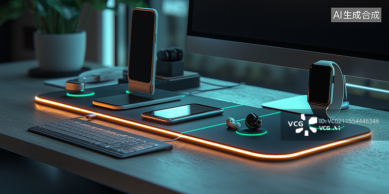 【AI数字艺术】科技感智能未来多设备无线充电站概念图片素材