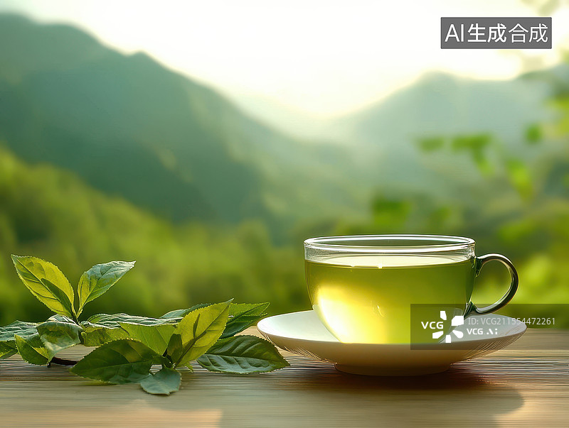 【AI数字艺术】宁静的绿意茶与自然的融合图片素材