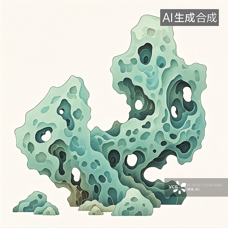 【AI数字艺术】国风手绘插画，中式园林景观，太湖石，假山奇石摆件图片素材