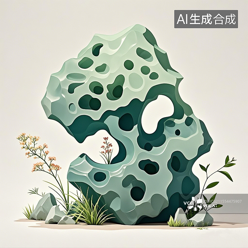 【AI数字艺术】国风手绘插画，中式园林景观，太湖石，假山奇石摆件图片素材