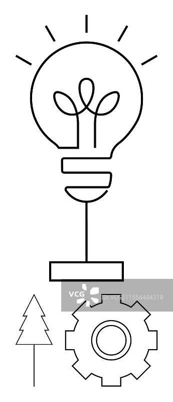 代表光泡、齿轮和树的图像图片素材