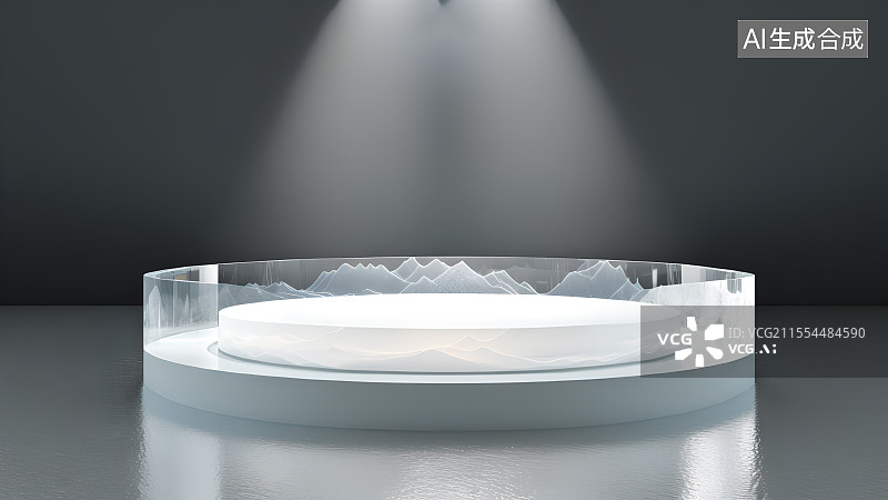 【AI数字艺术】3D渲染，灰色空间里的圆形灯光，电子商务产品展示空间，展台，背景图图片素材
