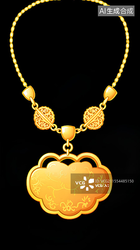 【AI数字艺术】国风手绘插画，古风黄金项链，长命锁，如意锁，宝宝锁，珠宝首饰，挂件装饰图片素材