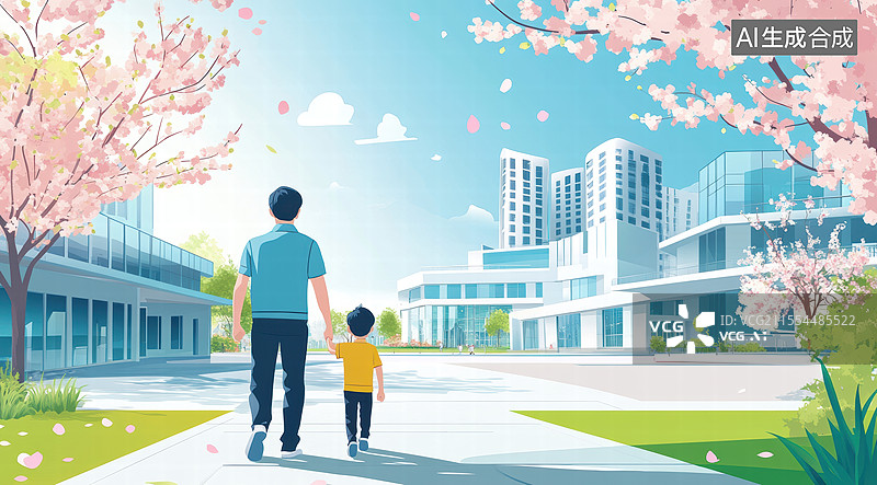 【AI数字艺术】一幅温馨的画面，背景是一座现代化的学校。画面中成年人和孩子手牵手走在一条铺满樱花花瓣的小路上图片素材