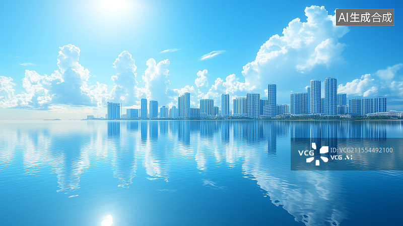 【AI数字艺术】水面上写字楼建筑图片素材