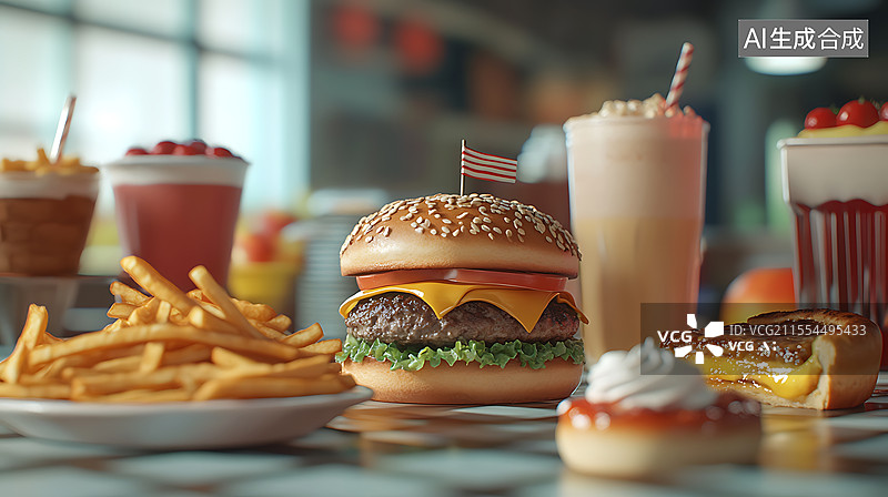 【AI数字艺术】餐厅餐桌上的汉堡和薯条特写镜头图片素材