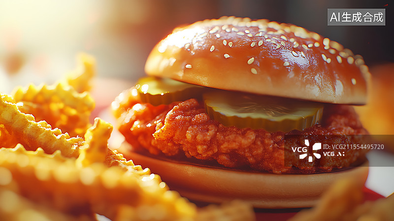 【AI数字艺术】餐厅餐桌上的汉堡和薯条特写镜头图片素材