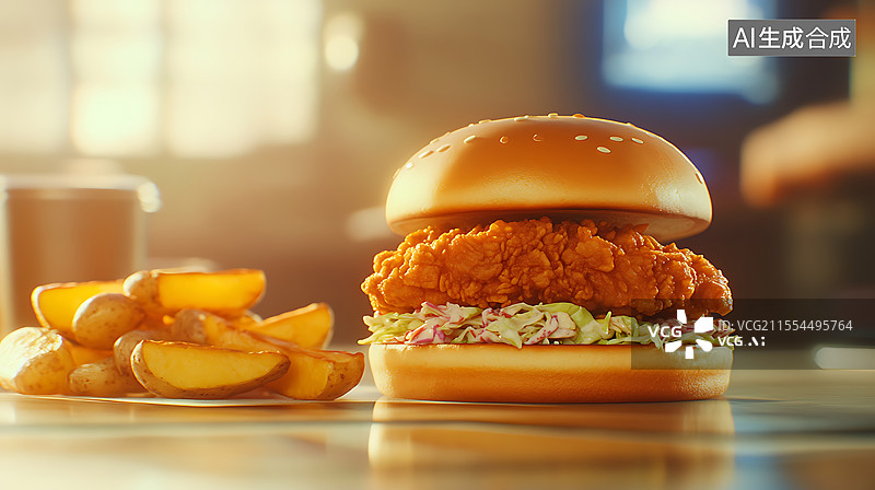 【AI数字艺术】餐厅餐桌上的汉堡和薯条特写镜头图片素材