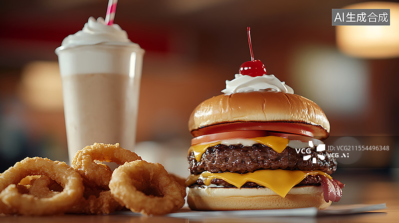 【AI数字艺术】餐厅餐桌上的汉堡和薯条特写镜头图片素材