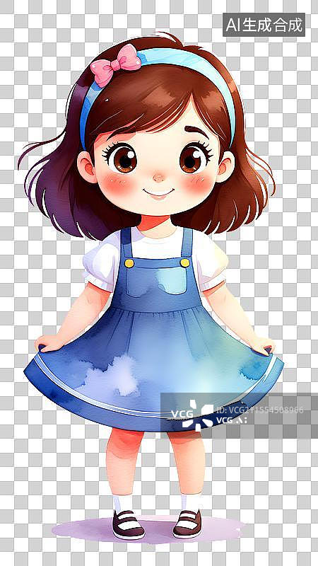 【AI数字艺术】水彩人物插画 穿着蓝色背带裙子的小女孩图片素材
