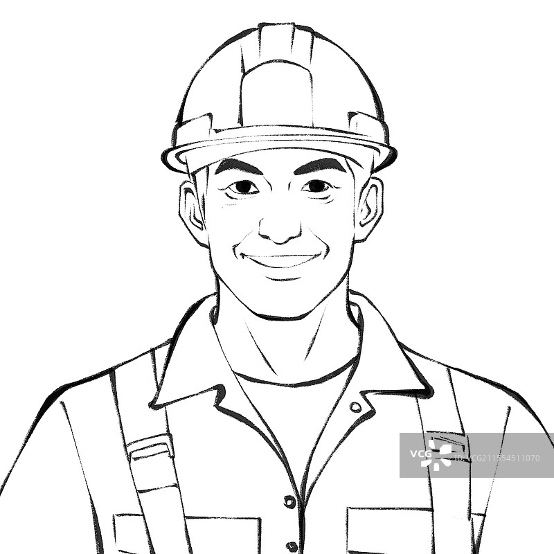 五一劳动节戴着安全帽的工人正面人像手绘插画素描画线稿图片素材