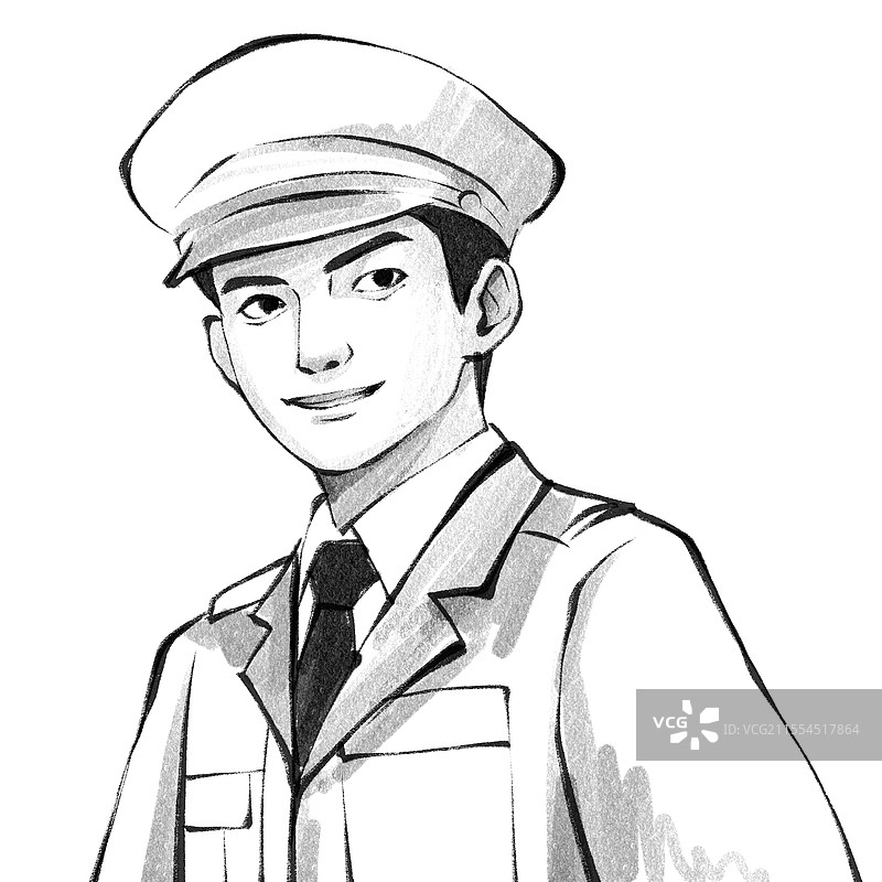 戴着警察帽的警察正面人像手绘插画线稿图片素材