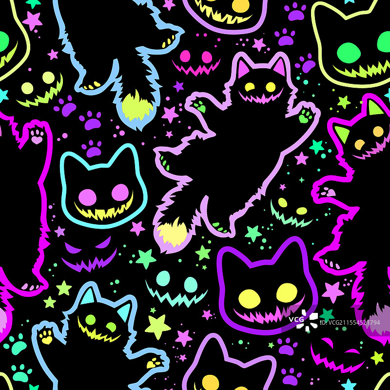 可怕又搞笑的猫咪们露出灿烂的笑容，无缝图案图片素材