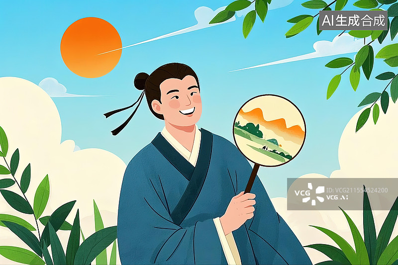 【AI数字艺术】卡通插图拿扇子的古装男性人物图片素材