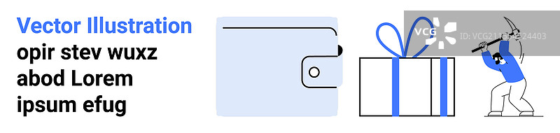 钱包、礼品盒和拿着镐的矿工图片素材