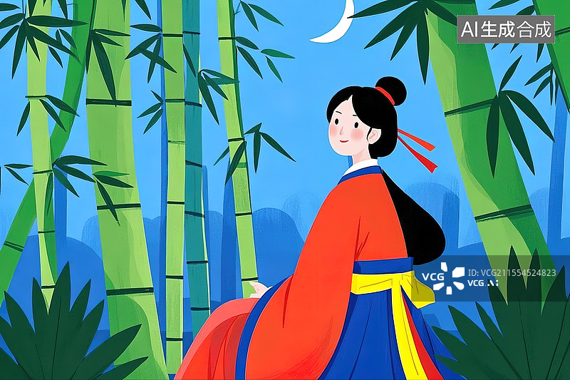 【AI数字艺术】中国古代女性形象的卡通插图图片素材
