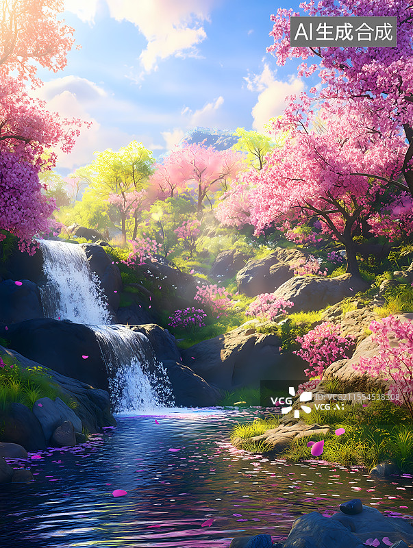 【AI数字艺术】3D卡通春天小溪旁的樱花树图片素材