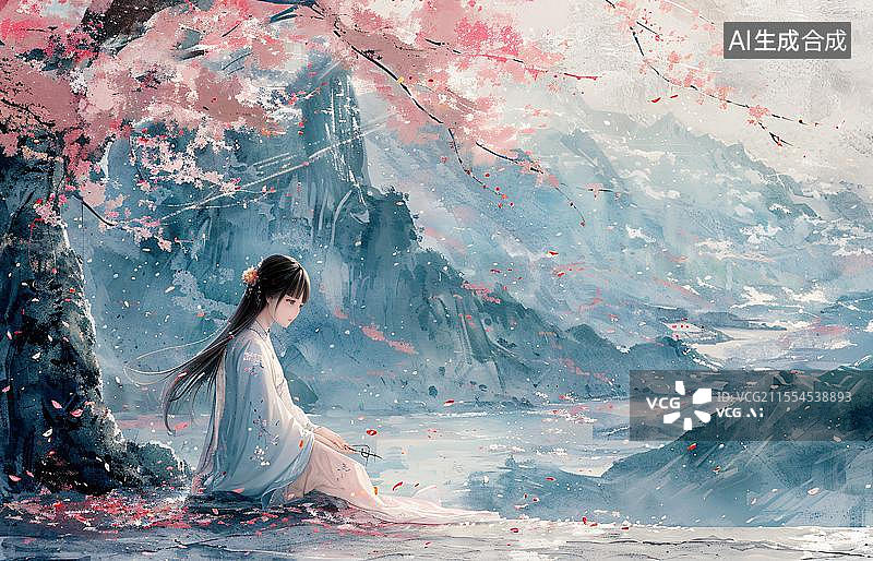 【AI数字艺术】湖畔丽人品读诗书  烟波浩渺的古风意境图片素材