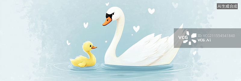 【AI数字艺术】天鹅与小鸭卡通插画风格家庭温馨主题画图片素材