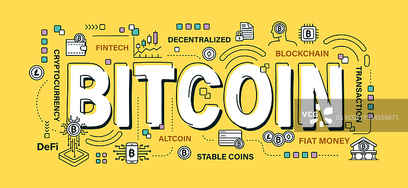 比特币字样和轮廓图标在纯色背景上图片素材