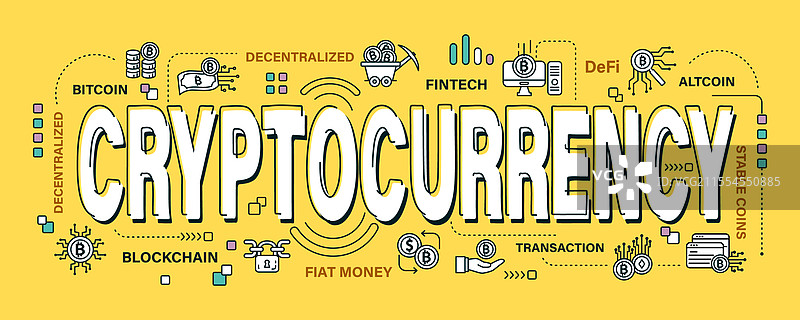 加密货币字词和轮廓图标在实心背景上图片素材