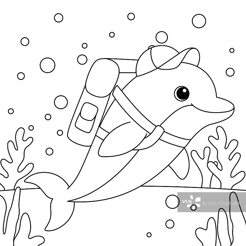 背着书包的海豚涂色页，搞笑风格图片素材