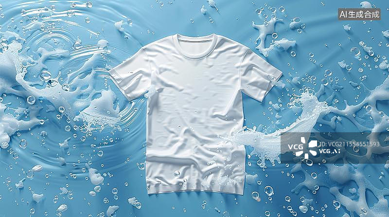 【AI数字艺术】水漾洁净的白色T恤 清新水波中的纯白T恤短袖  白色T恤被水包围，蓝色背景，展现干净洗衣概念图片素材